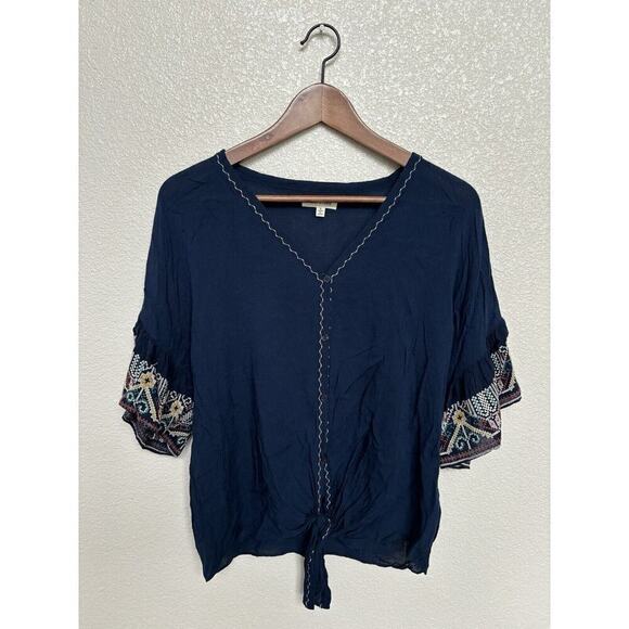 Max Studio navy blue blouse womens small boho hippie cowgirl embroidered button - Picture 1 of 5
